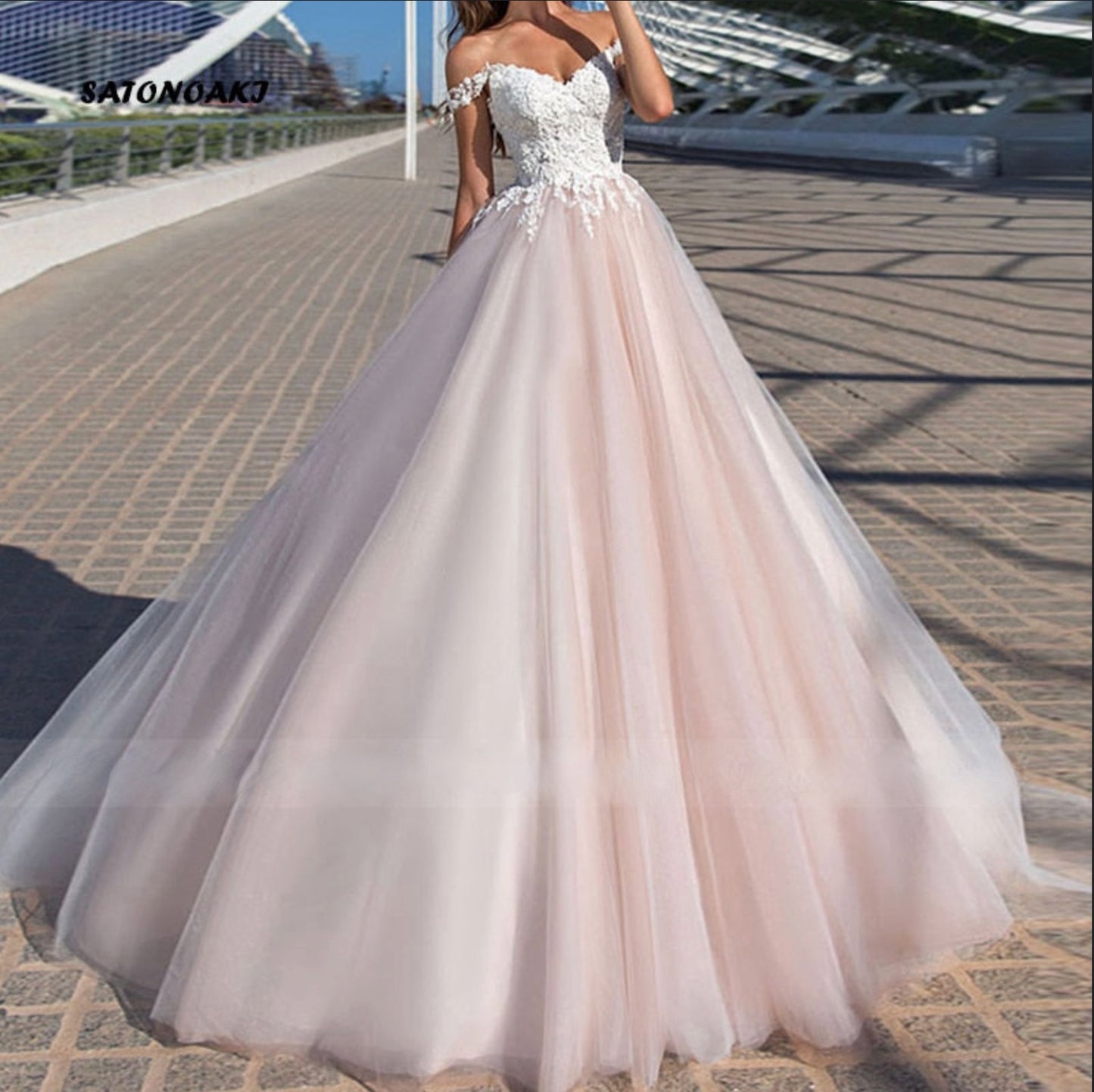 Off The Shoulder Sleeveless Lace Tulle A Line Wedding Bridal Ball Gown