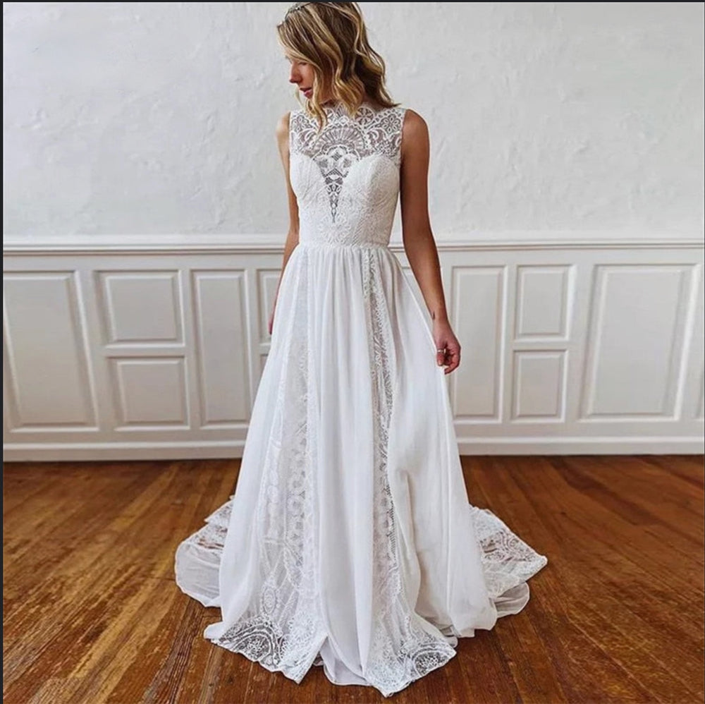 Sleeveless Lace Wedding Dress A-Line Boho Bridal Beach Gown