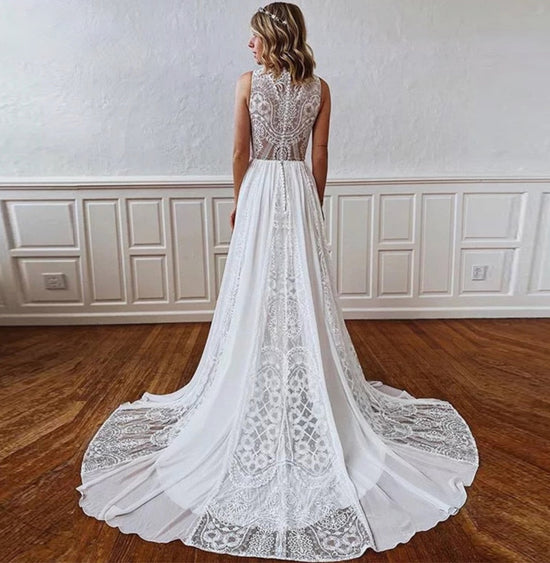 Sleeveless Lace Wedding Dress A-Line Boho Bridal Beach Gown