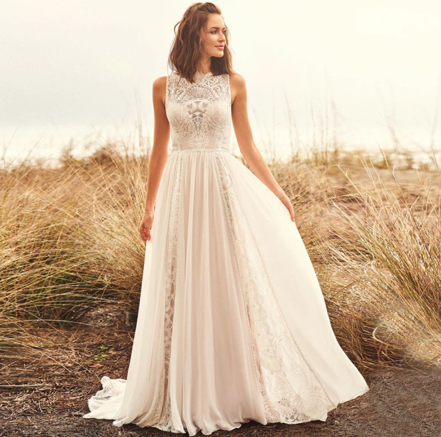 
                      
                        Sleeveless Lace Wedding Dress A-Line Boho Bridal Beach Gown
                      
                    