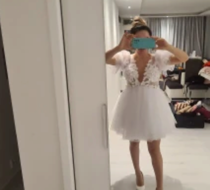 
                      
                        Plunging V-Neck Half Sleeves Pearls Flowers Mini Sexy Backless Bridal Dress
                      
                    