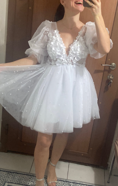 
                      
                        Plunging V-Neck Half Sleeves Pearls Flowers Mini Sexy Backless Bridal Dress
                      
                    