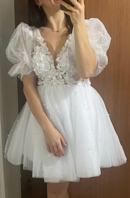
                      
                        Plunging V-Neck Half Sleeves Pearls Flowers Mini Sexy Backless Bridal Dress
                      
                    
