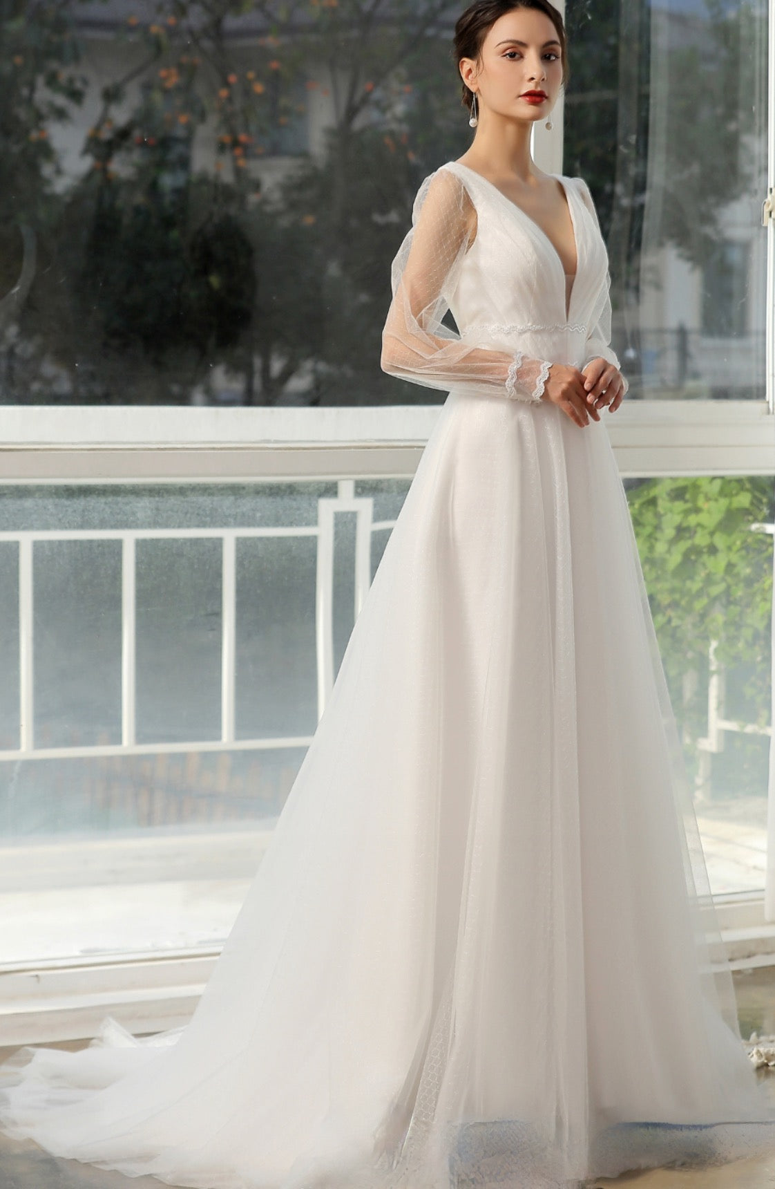 Bishop Long Sleeve Ruched Illusion V-Neckline Bridal Gown