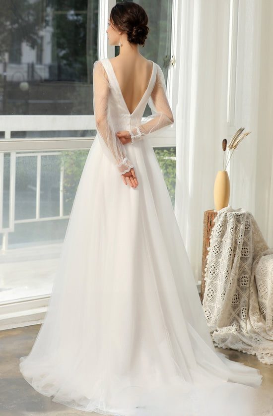 Load image into Gallery viewer, Bishop Long Sleeve Ruched Illusion V-Neckline Bridal Gown
