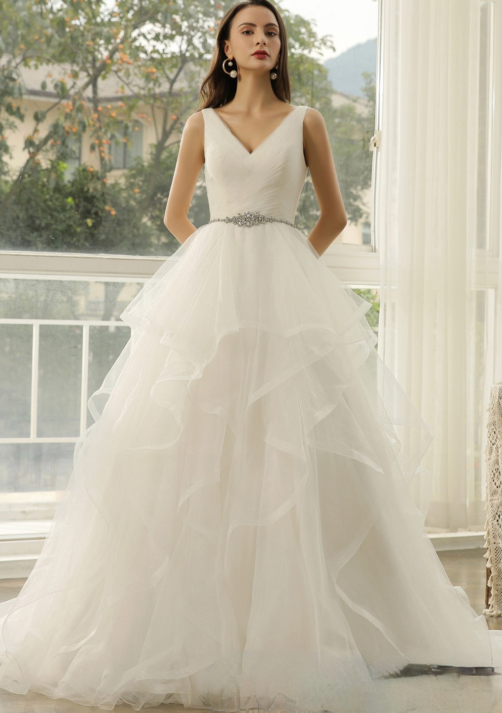 Wedding Dress In Ruffed Glitter Tulle With Princess Silhouette