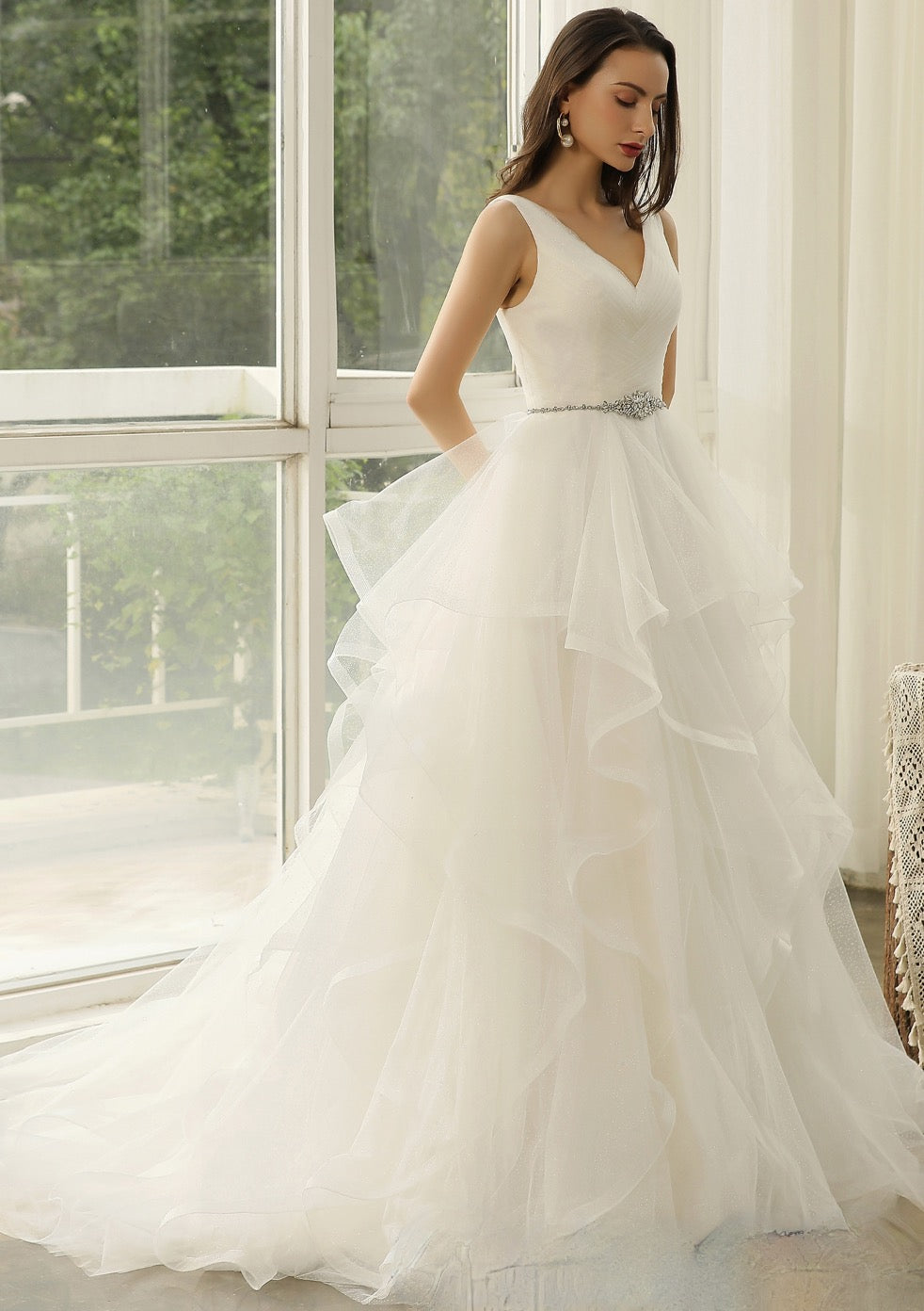 Load image into Gallery viewer, Wedding Dress In Ruffed Glitter Tulle With Princess Silhouette
