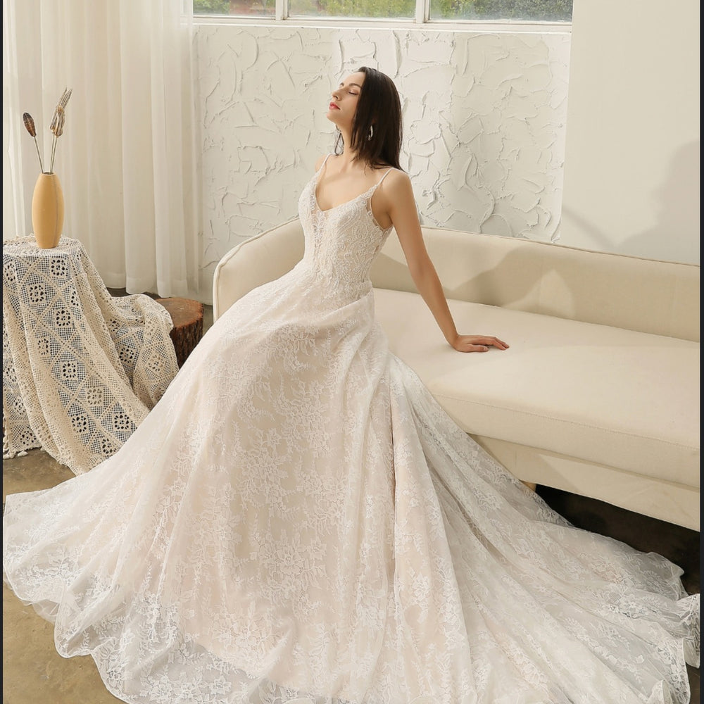 
                      
                        Beaded Lace A-line Wedding Dress With Spaghetti Straps
                      
                    