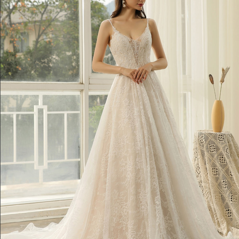 
                      
                        Beaded Lace A-line Wedding Dress With Spaghetti Straps
                      
                    