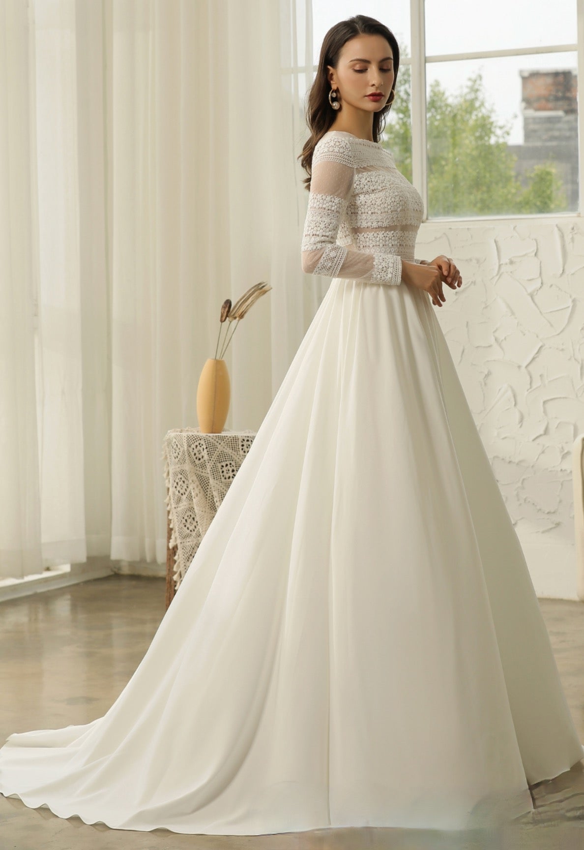 Long Sleeve Lace A-line Boho Wedding Dress