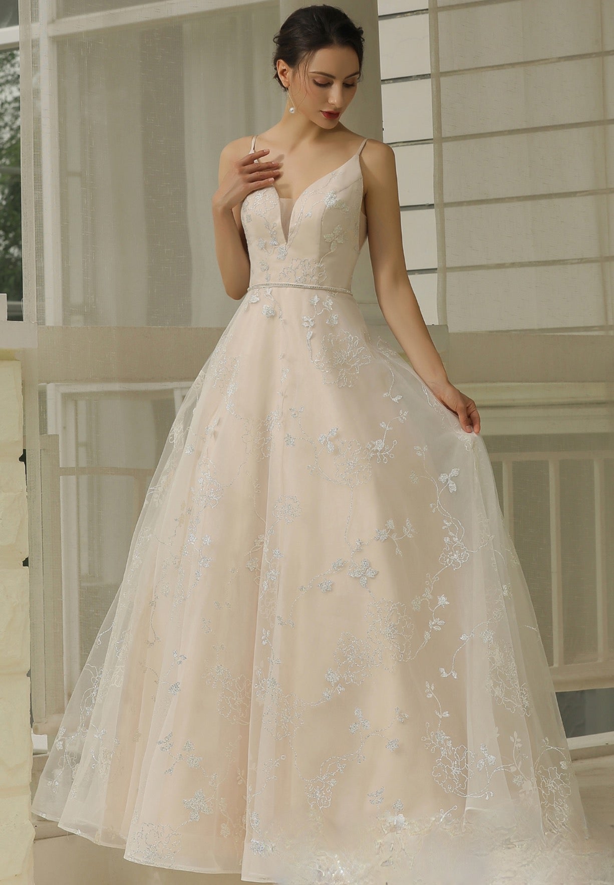Glitter Patterned Wedding A Line Dress Bridal Gown