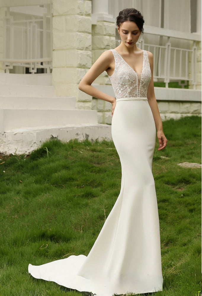 
                      
                        Semi Sheer Bodice Crepe Wedding Dress
                      
                    