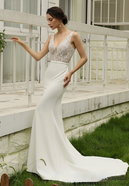 Semi Sheer Bodice Crepe Wedding Dress