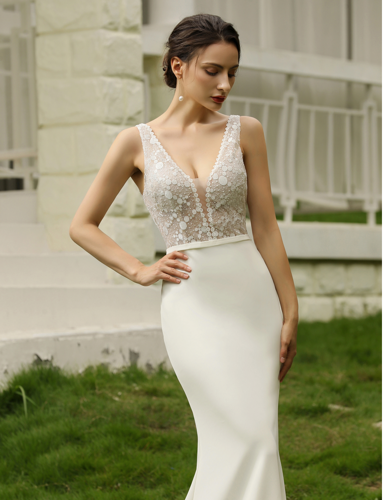 
                      
                        Semi Sheer Bodice Crepe Wedding Dress
                      
                    