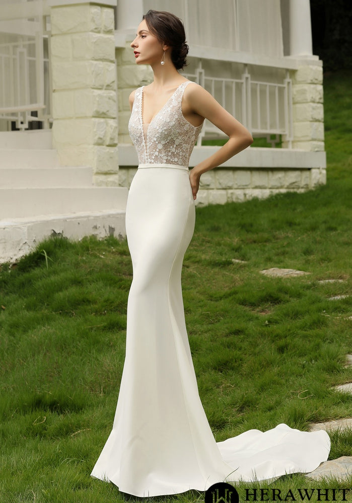 
                      
                        Semi Sheer Bodice Crepe Wedding Dress
                      
                    
