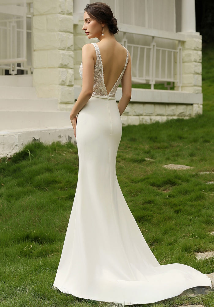 
                      
                        Semi Sheer Bodice Crepe Wedding Dress
                      
                    