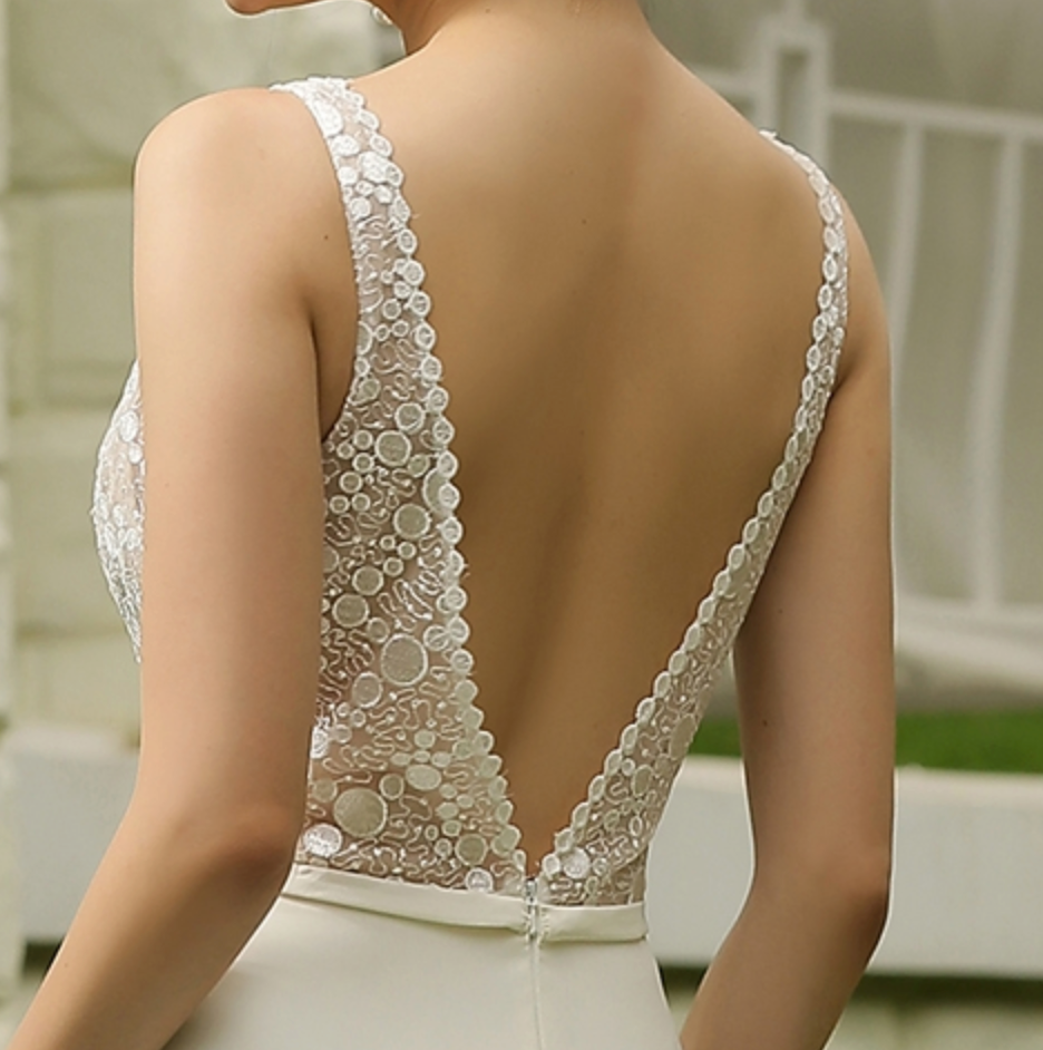 
                      
                        Semi Sheer Bodice Crepe Wedding Dress
                      
                    
