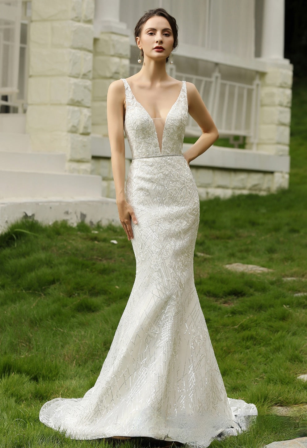 Glittery Fitted Wedding Dress With Deep V Neckline