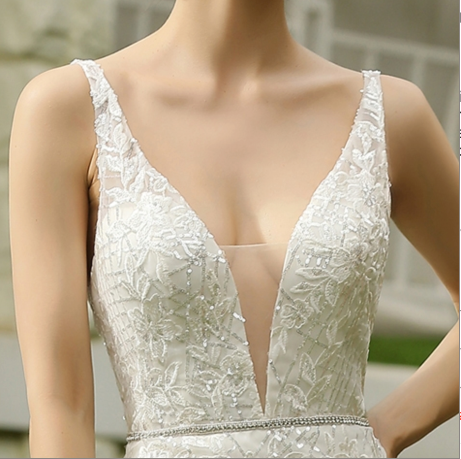 Glittery Fitted Wedding Dress With Deep V Neckline
