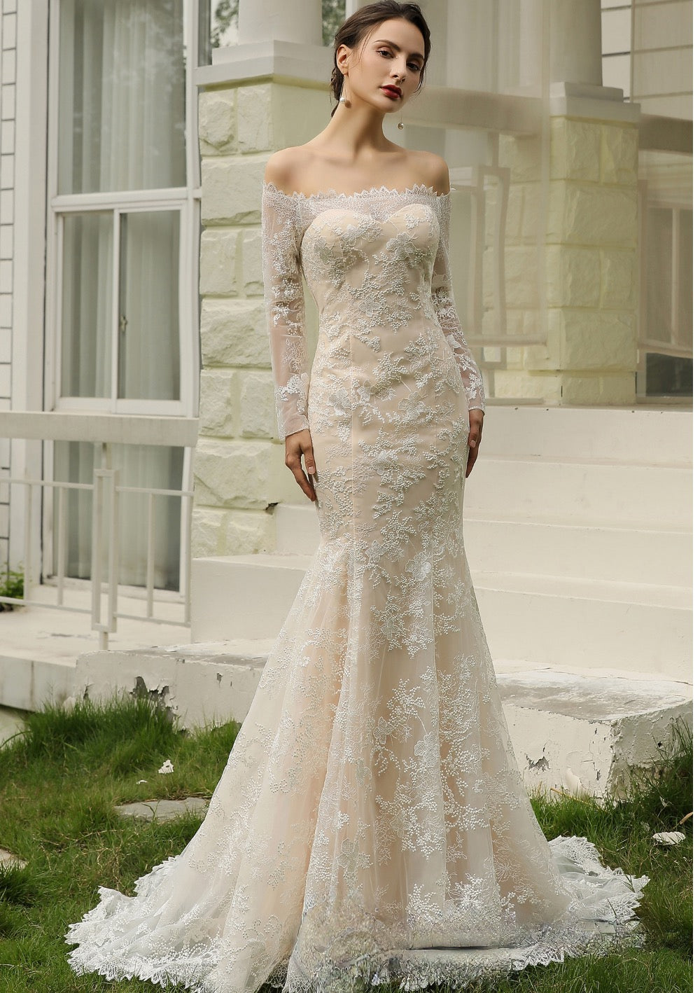 Off-the-Shoulder Sheath Wedding Dress with Luxury Illusion Lace