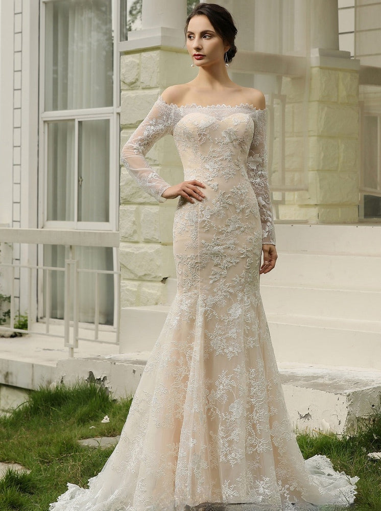 
                      
                        Off-the-Shoulder Sheath Wedding Dress with Luxury Illusion Lace
                      
                    