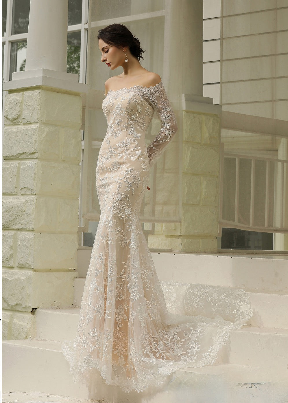 Off The Shoulder Sheath Wedding Dress With Luxury Illusion Lace Tullelux Bridal Crowns 1948