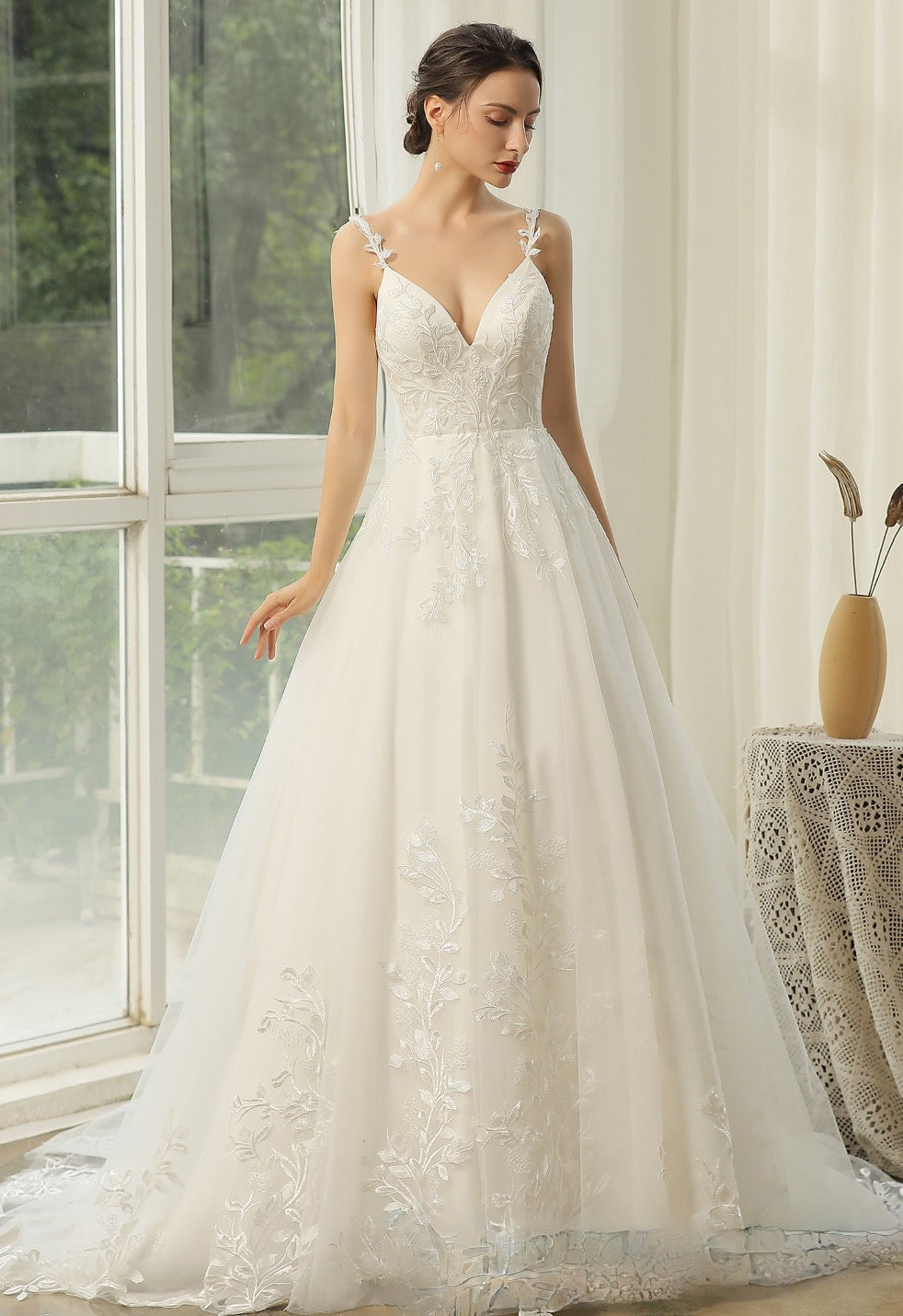 Appliquéd Straps Keyhole Back Bridal Gown