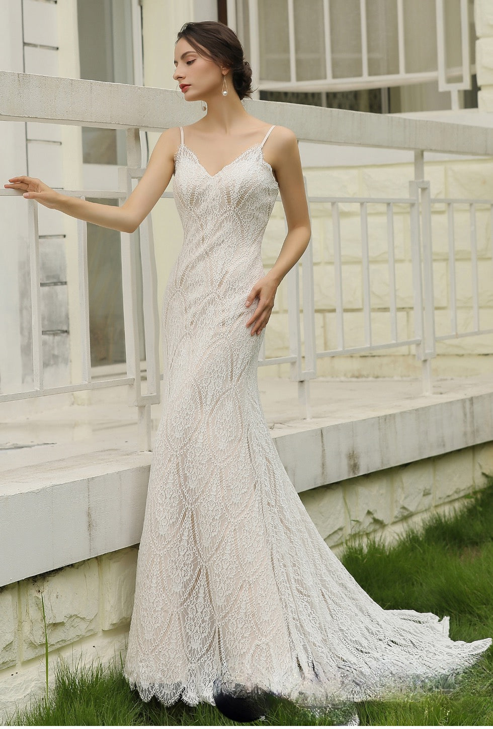 Spaghetti Straps Lace Sheath Wedding Gown