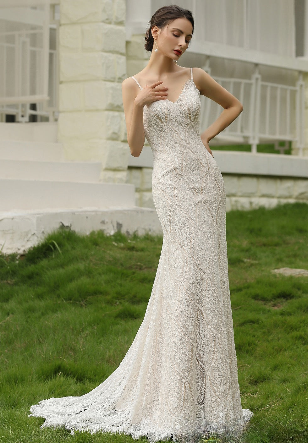 Spaghetti Straps Lace Sheath Wedding Gown