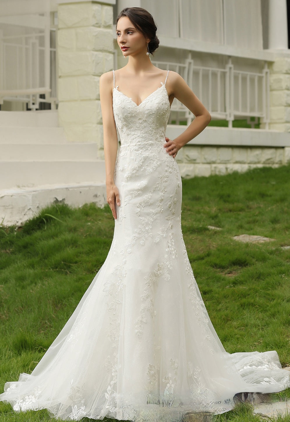 Spaghetti Beading Strap Fit To Flare Wedding Dress