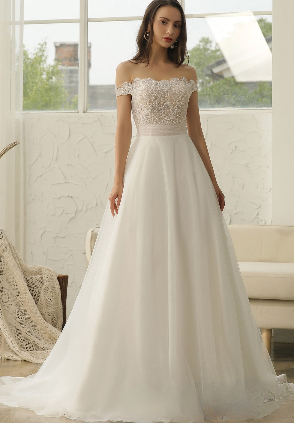 Off-The-Shoulder Beading Lace Pleating Wedding Dress