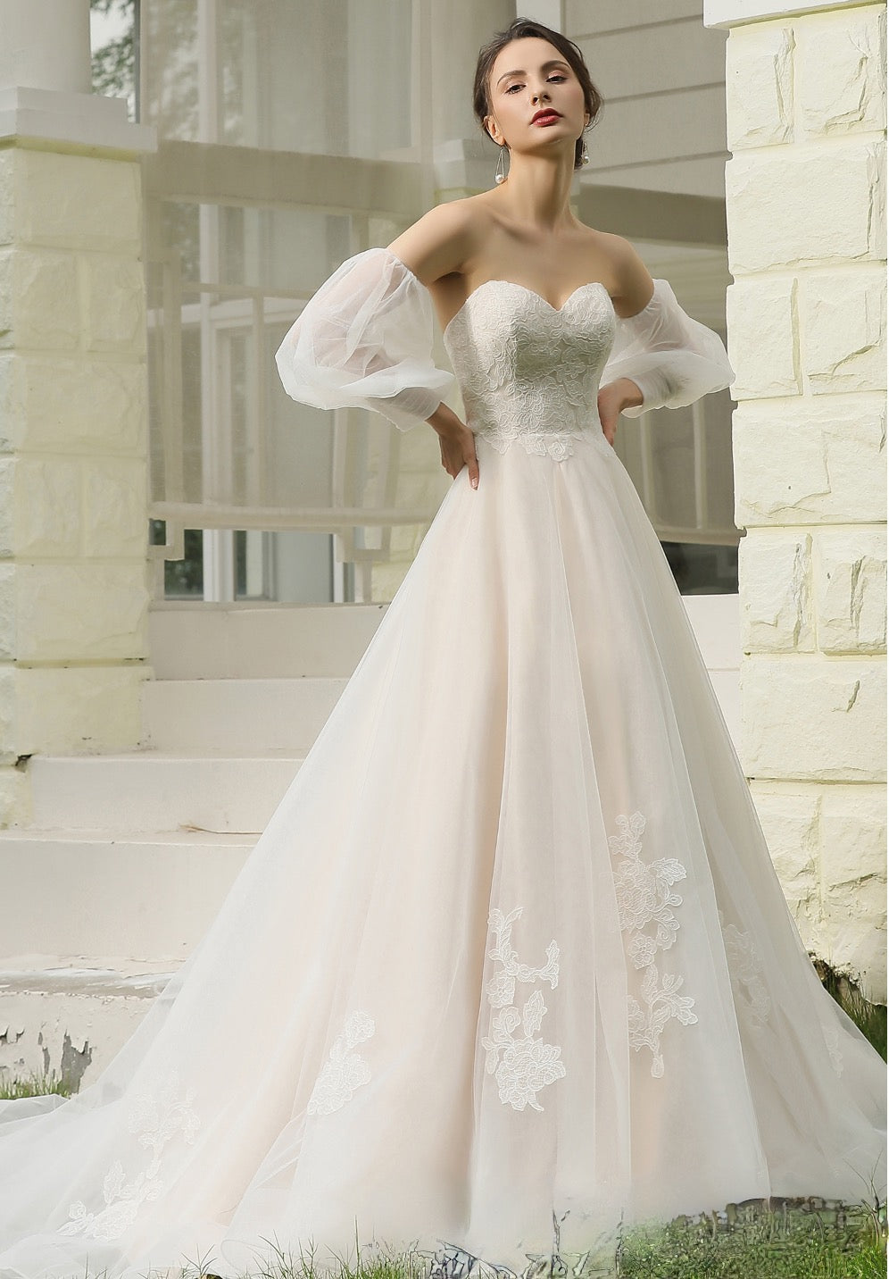 Classic A-Line Strapless Bridal Gown With Detachable Bishop Sleeves