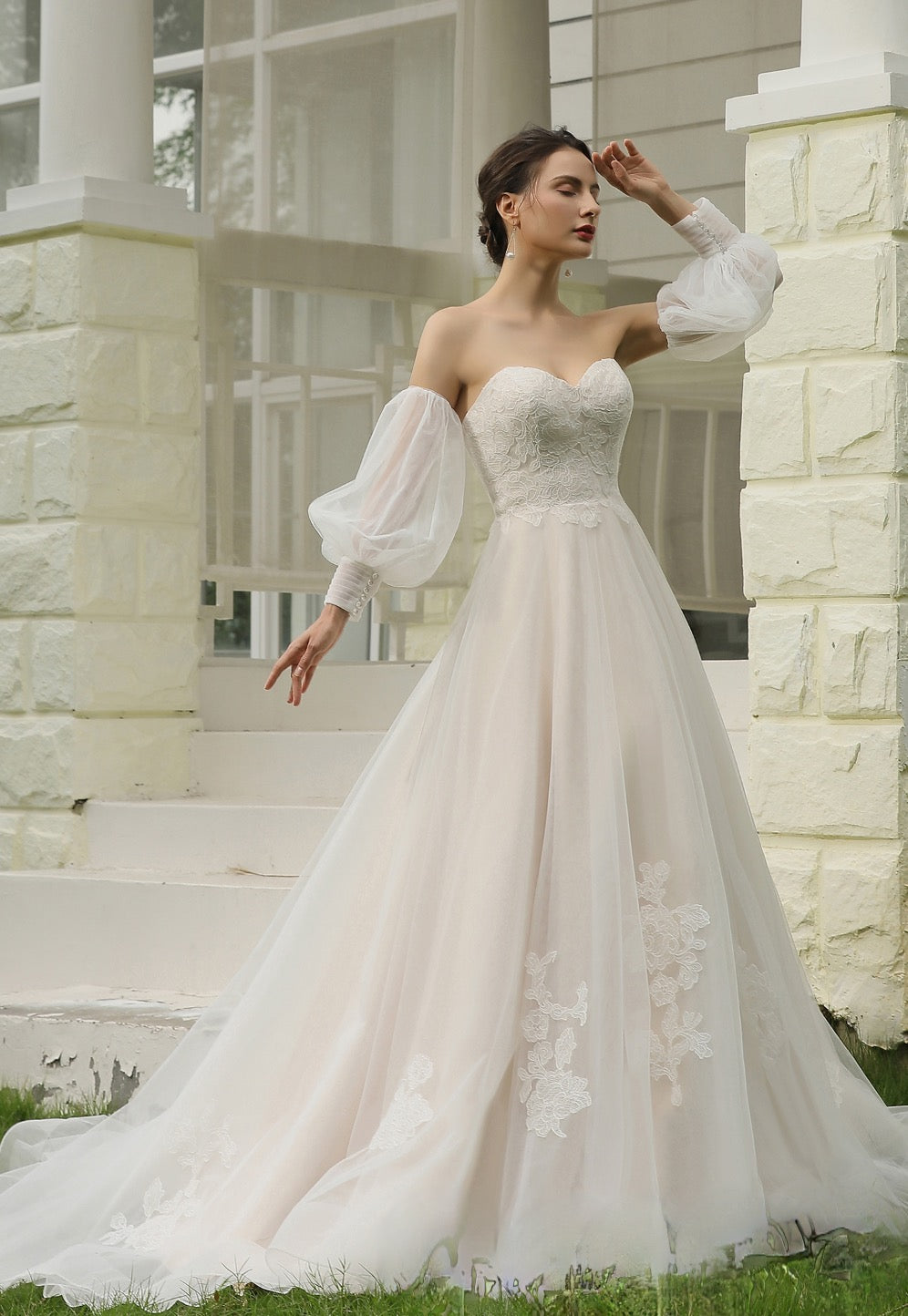 Classic A-Line Strapless Bridal Gown With Detachable Bishop Sleeves
