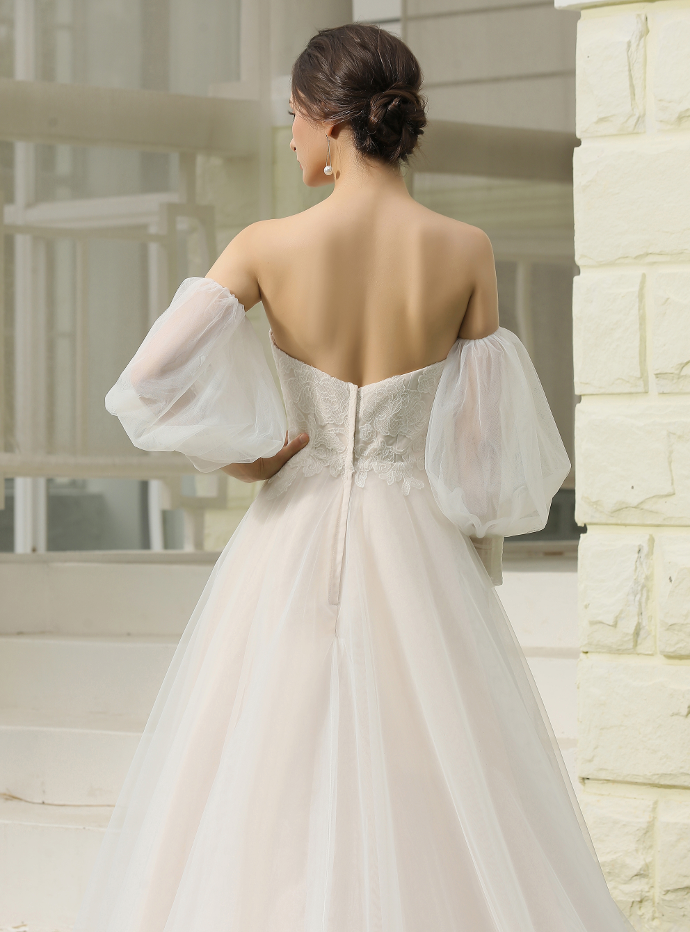 Classic A-Line Strapless Bridal Gown With Detachable Bishop Sleeves