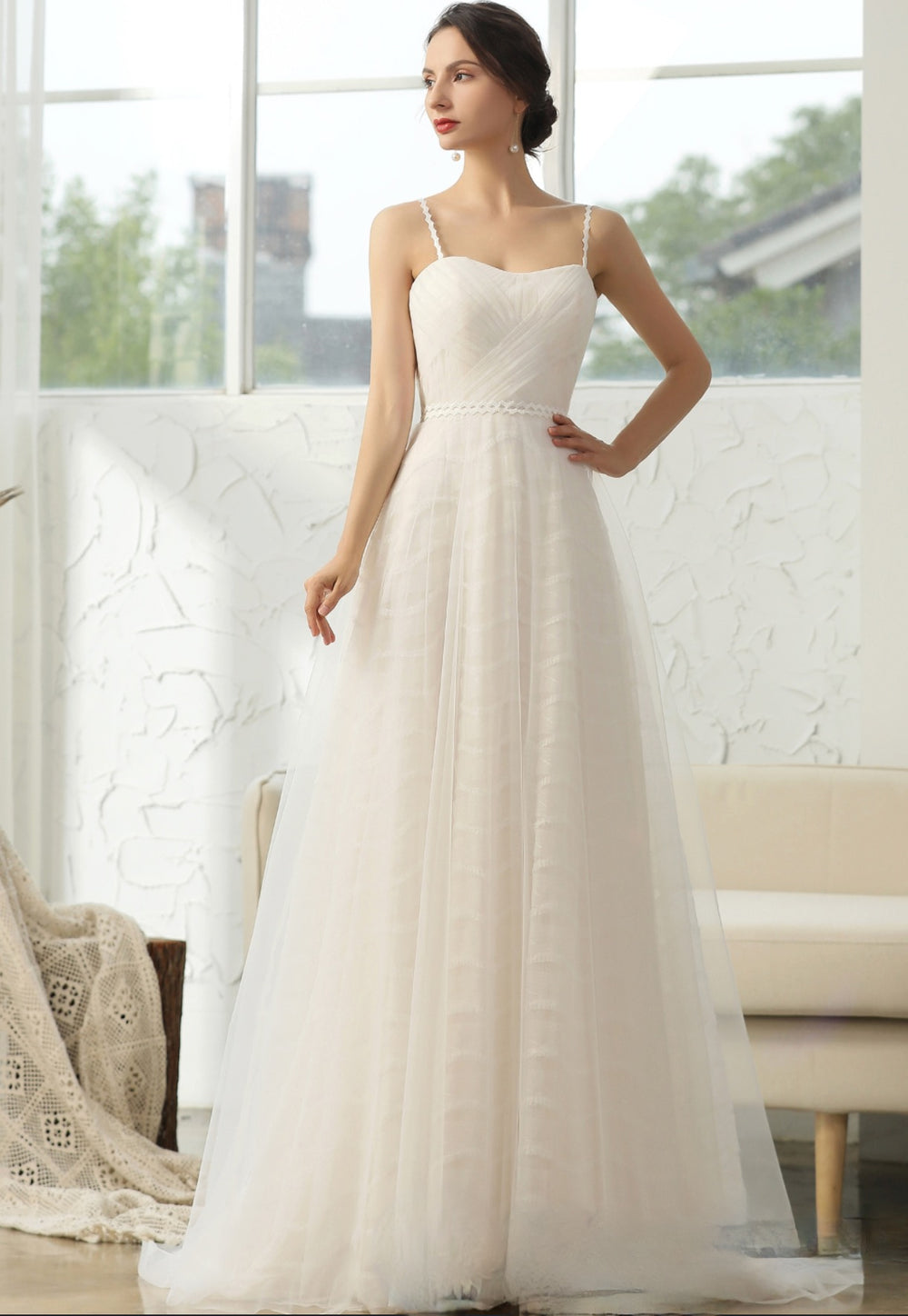 Simple Pleated A-line Wedding Dress With 3D Lace Underline