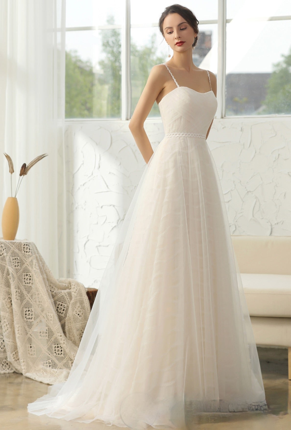 Simple Pleated A-line Wedding Dress With 3D Lace Underline