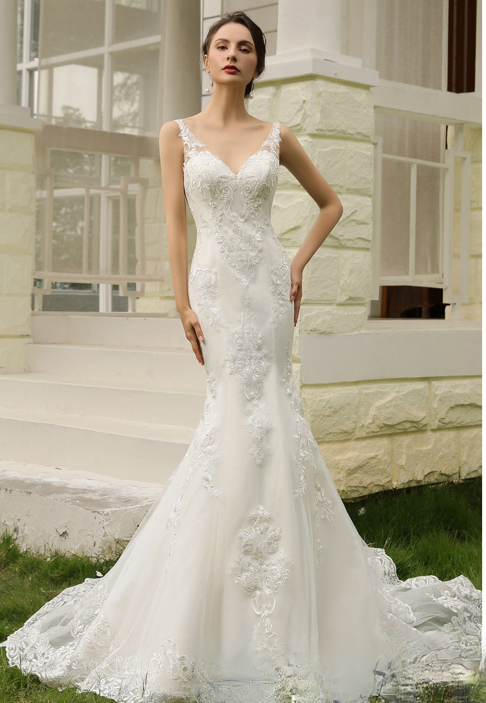 Double Train Fitted Sheath Wedding Gown