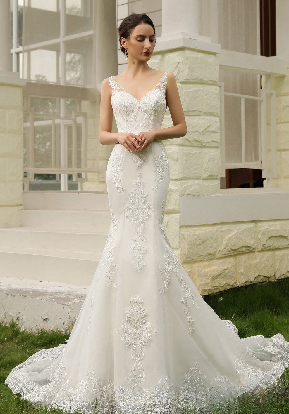 Double Train Fitted Sheath Wedding Gown