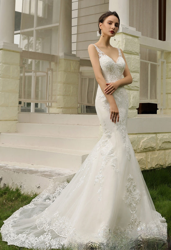 Load image into Gallery viewer, Double Train Fitted Sheath Wedding Gown
