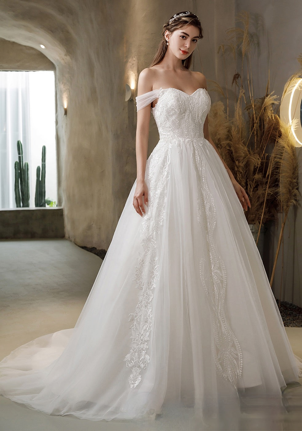 Satin Tulle Princess Wedding Gown with Flowers Shoulder Straps –  loveangeldress