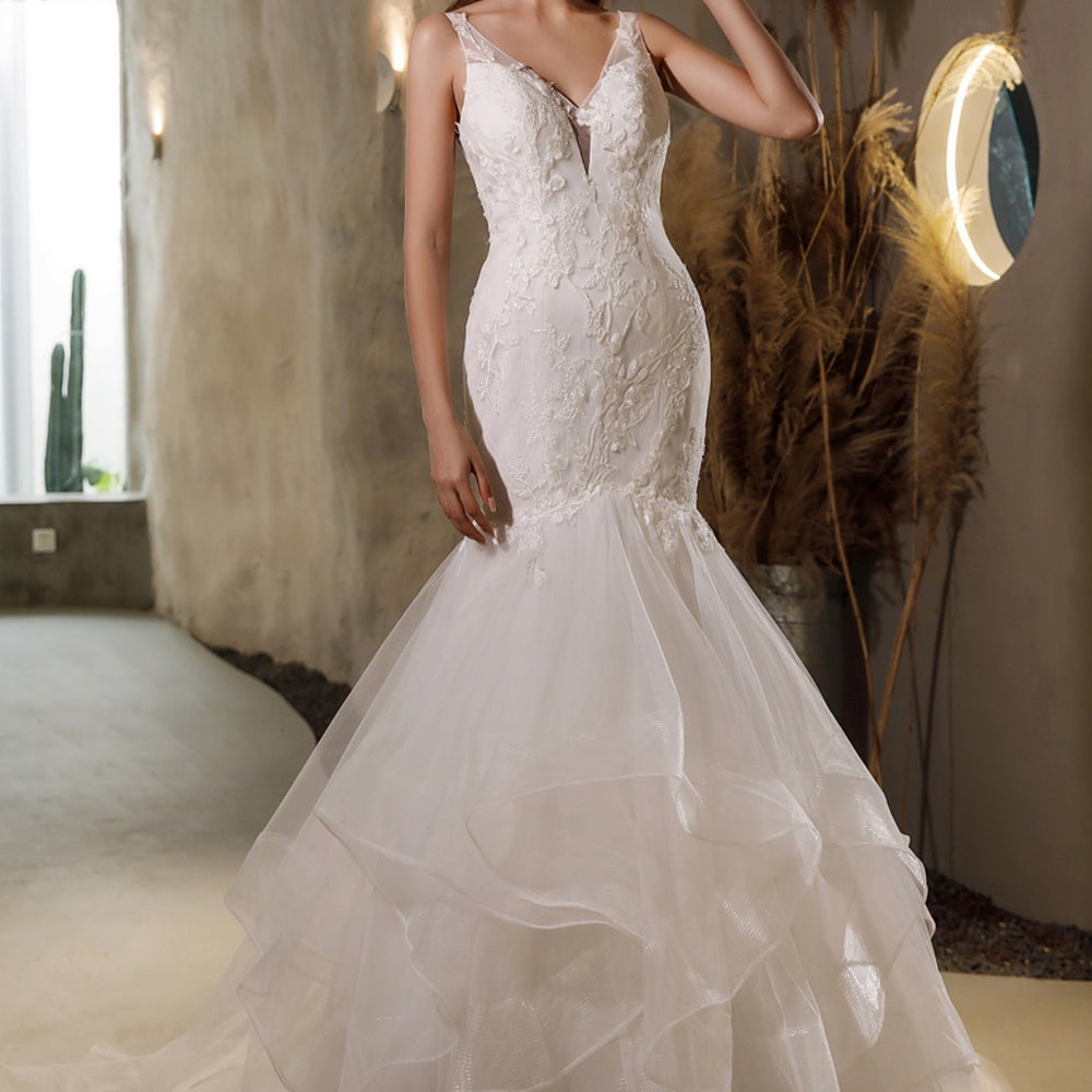 
                      
                        Beaded Lace Tulle Ruffled Mermaid Wedding Dress
                      
                    