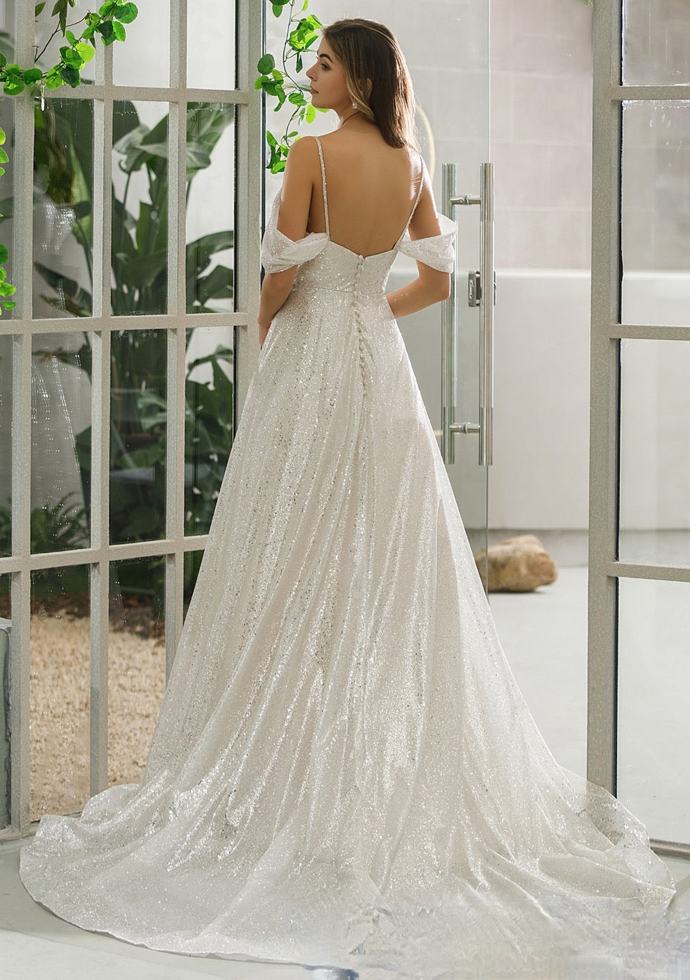 Load image into Gallery viewer, Shimmery Sequined Off-The-Shoulder A-line Bridal Gown
