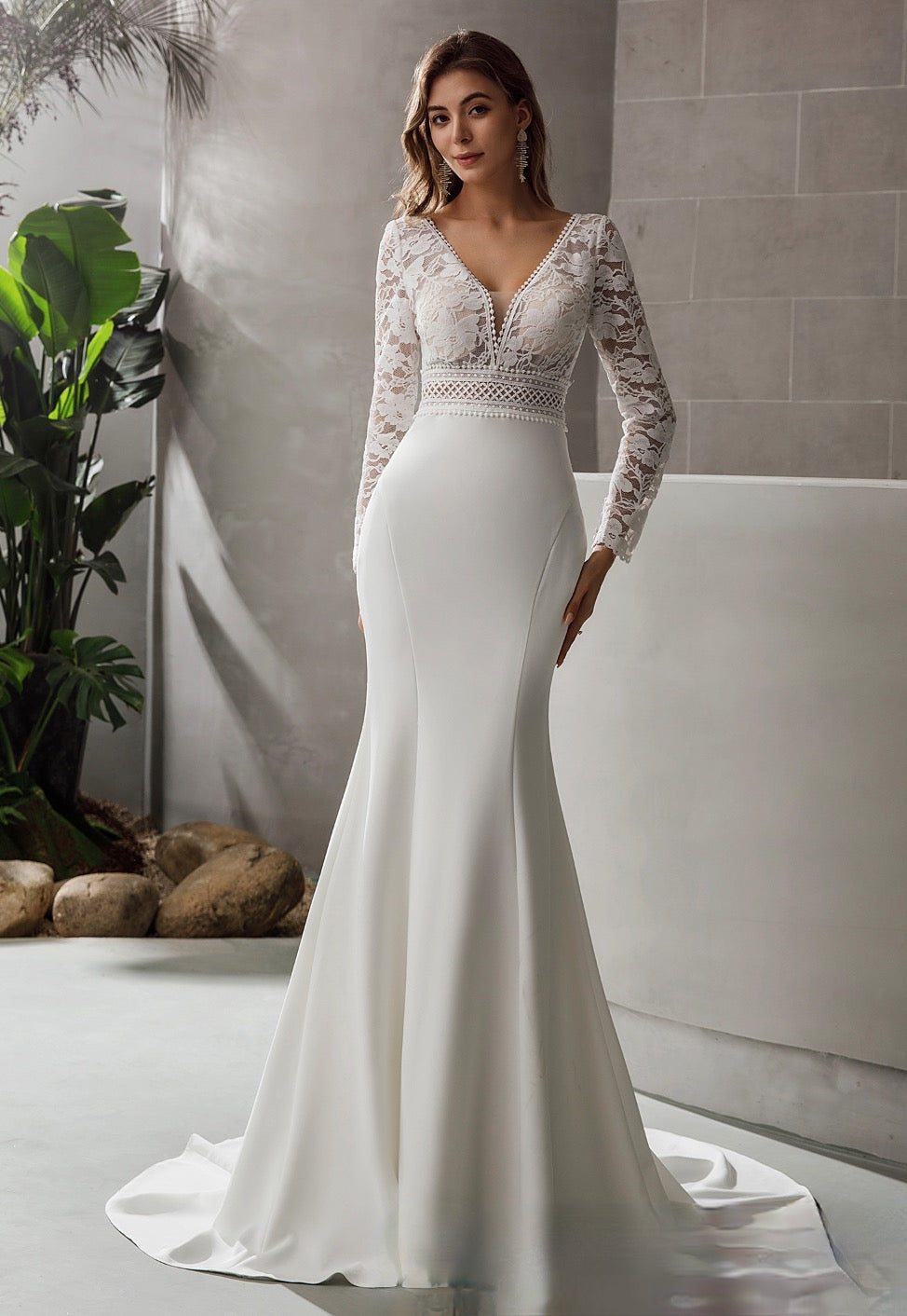 Long Sleeve Plunging V-Neck Crepe Wedding Dress