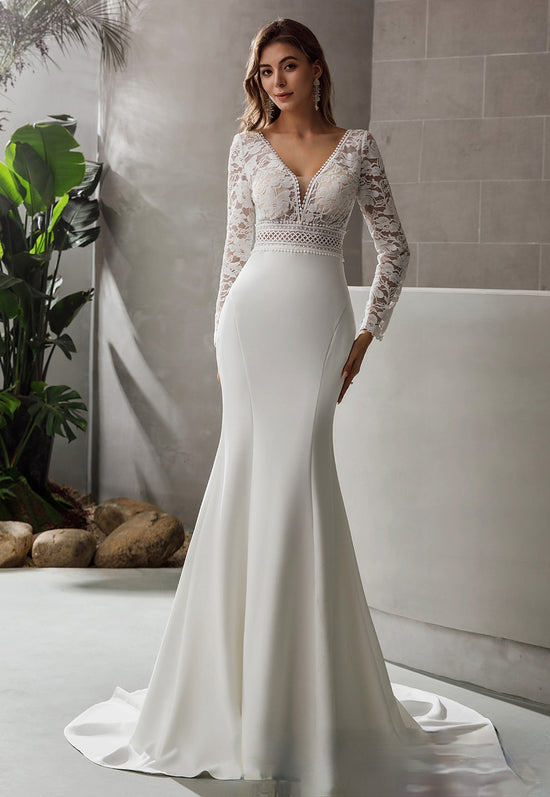 Load image into Gallery viewer, Long Sleeve Plunging V-Neck Crepe Wedding Dress
