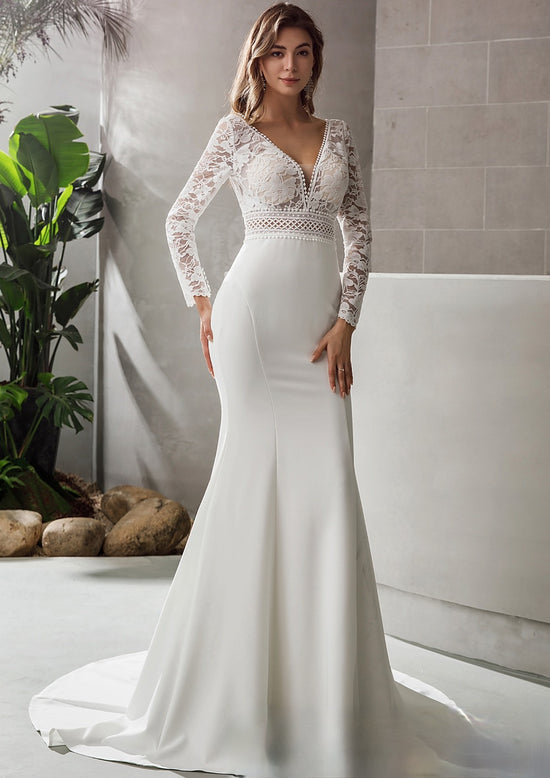 Load image into Gallery viewer, Long Sleeve Plunging V-Neck Crepe Wedding Dress
