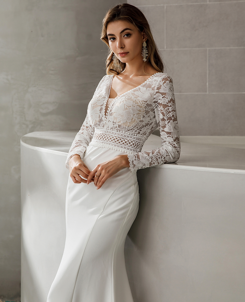
                      
                        Long Sleeve Plunging V-Neck Crepe Wedding Dress
                      
                    