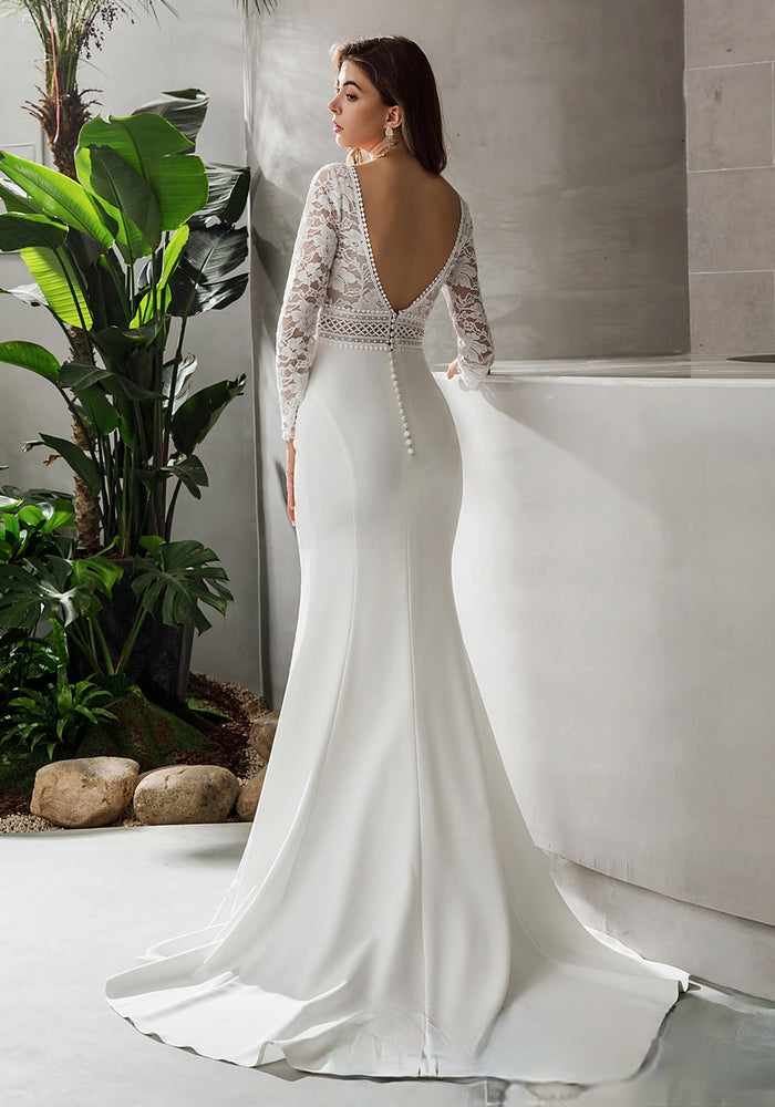 
                      
                        Long Sleeve Plunging V-Neck Crepe Wedding Dress
                      
                    