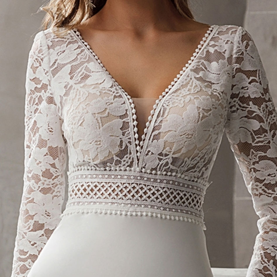 
                      
                        Long Sleeve Plunging V-Neck Crepe Wedding Dress
                      
                    