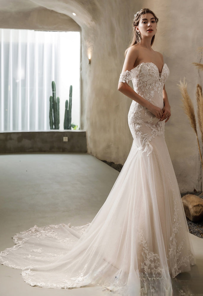 
                      
                        Off The Shoulder Mermaid Wedding Dress in Glitter Tulle With Open Back
                      
                    