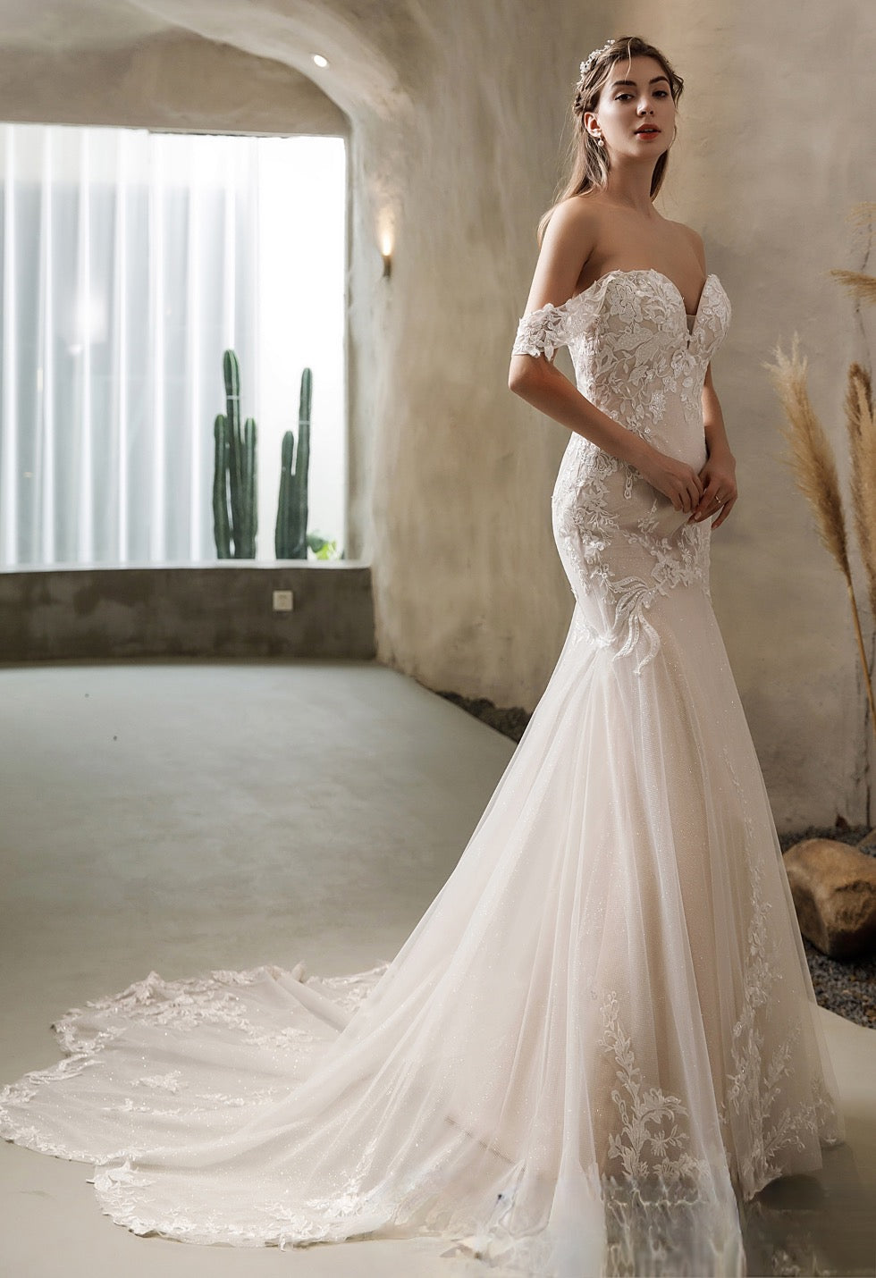 Off The Shoulder Mermaid Wedding Dress in Glitter Tulle With Open Back –  TulleLux Bridal Crowns u0026 Accessories